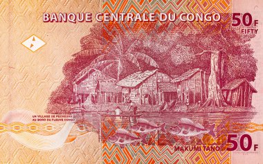 Banknote 50 frank. Üzerinde Balıkçı Köyü resmi var. Tasarım için. Afrika ve Kongo 'nun kağıt parası..