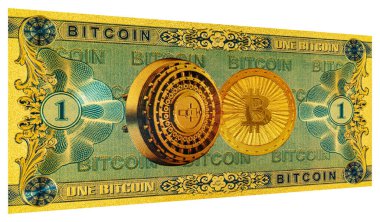 Tasarım amaçlı 1 Bitcoin banknotu. Kripto işi ve madencilik. Dünyanın dijital parası..