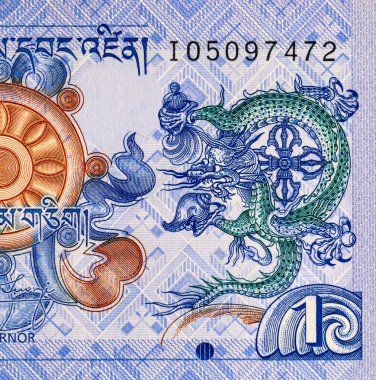 1 Bhutanese ngultrum banknotu, tasarımcılar için bir parça. Bhutanese kağıt parası.