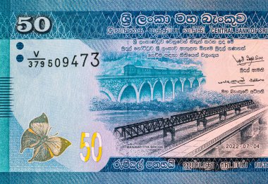 Banknote 50 rupi Sri Lanka Manampitiya Köprüsü resmi, tasarım için parça. Sri Lanka 'nın Parası