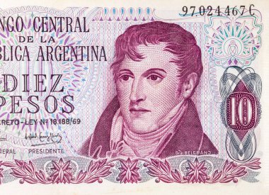 General Manuel Belgrano 'nun portresiyle Arjantin' in 10 peso banknotu. Arjantin 'in eski kağıt parası. Tasarım için bir banknotun parçası.