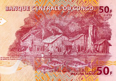 Banknote 50 frank. Üzerinde Balıkçı Köyü resmi var. Tasarım için. Afrika ve Kongo 'nun kağıt parası..