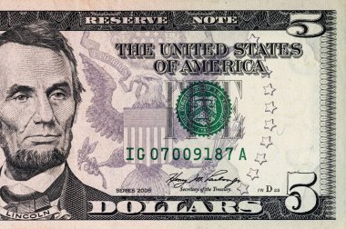 Tasarım amaçlı 5 dolarlık banknotun bir parçası. Amerika Birleşik Devletleri 'nin parası. Kağıt para elementleri. Bonistikler.