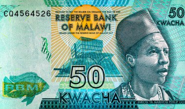 Malawi 50 kwacha banknot, tasarım için parça. Malavi parası..