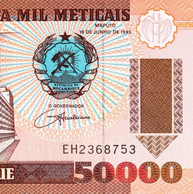 Maputo 'daki Banco de Mocambique binasının görüntüsüne sahip Mozambik 50000 Meticais 2003 banknotu. Mozambik parası