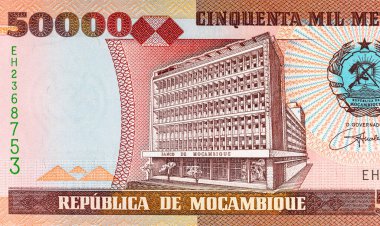 Maputo 'daki Banco de Mocambique binasının görüntüsüne sahip Mozambik 50000 Meticais 2003 banknotu. Mozambik parası