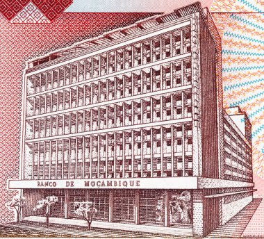Maputo 'daki Banco de Mocambique binasının görüntüsüne sahip Mozambik 50000 Meticais 2003 banknotu. Mozambik parası