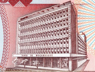 Maputo 'daki Banco de Mocambique binasının görüntüsüne sahip Mozambik 50000 Meticais 2003 banknotu. Mozambik parası