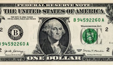 Kağıt banknotların klasik unsurları. Bonistikler. Tasarım amaçlı 1 Amerikan doları banknotunun bir parçası. Amerika Birleşik Devletleri