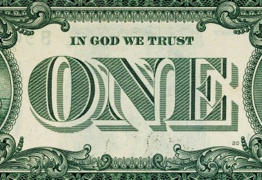 Kağıt banknotların klasik unsurları. Bonistikler. Tasarım amaçlı 1 Amerikan doları banknotunun bir parçası. Amerika Birleşik Devletleri