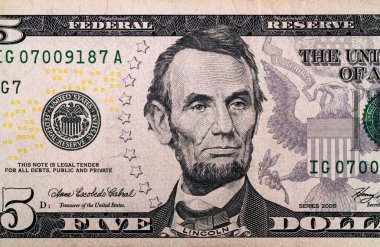 Kağıt banknotların klasik unsurları. Bonistikler. Tasarım amaçlı 5 Amerikan Doları banknotunun bir parçası. Amerika Birleşik Devletleri