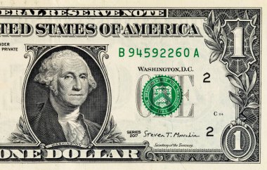 Kağıt banknotların klasik unsurları. Bonistikler. Tasarım amaçlı 1 Amerikan doları banknotunun bir parçası. Amerika Birleşik Devletleri