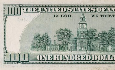 Tasarım amaçlı 100 dolarlık banknotun bir parçası. Amerika Birleşik Devletleri 'nin parası..