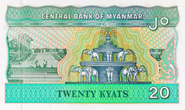 1994 'te Myanmar' da 20 Kyats banknotunun bir parçası. Asya ve Myanmar 'ın kağıt parası.