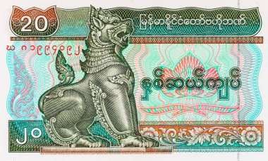 1994 'te Myanmar' da 20 Kyats banknotunun bir parçası. Asya ve Myanmar 'ın kağıt parası.