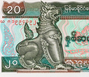 1994 'te Myanmar' da 20 Kyats banknotunun bir parçası. Asya ve Myanmar 'ın kağıt parası.