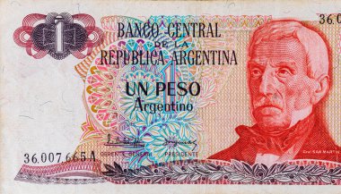 General San Martin 'in portresiyle Arjantin' in 1 peso banknotu. Arjantin 'in eski kağıt parası. Tasarım için bir banknotun parçası.