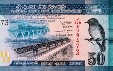 Banknote 50 rupi Sri Lanka Manampitiya Köprüsü resmi, tasarım için parça. Sri Lanka 'nın Parası