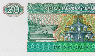 1994 'te Myanmar' da 20 Kyats banknotunun bir parçası. Asya ve Myanmar 'ın kağıt parası.