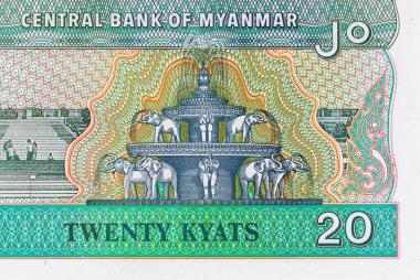1994 'te Myanmar' da 20 Kyats banknotunun bir parçası. Asya ve Myanmar 'ın kağıt parası.