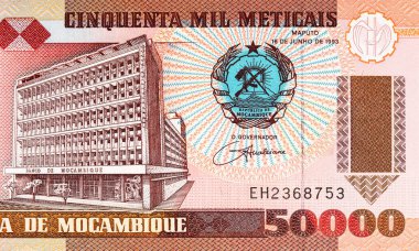 Maputo 'daki Banco de Mocambique binasının görüntüsüne sahip Mozambik 50000 Meticais 2003 banknotu. Mozambik parası