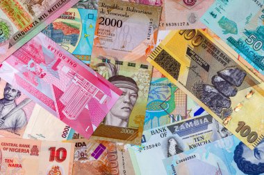 Farklı ülkelerin kağıt ve polimer parası. Para arkaplanı.