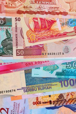 Farklı ülkelerin kağıt ve polimer parası. Para arkaplanı.