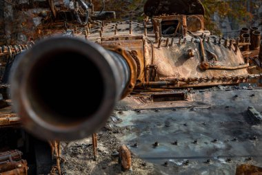 Destroyed military equipment of Russia in the war with Ukraine. Burnt Russian tank.