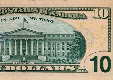 Tasarım amaçlı 10 dolarlık banknotun bir parçası. Amerika Birleşik Devletleri 'nin parası. Kağıt para elementleri. Bonistikler.