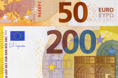 Banknota 50 avro ve 200 avro, tasarım faturasının bir parçası. Avrupa Birliği ve Avrupa 'nın kağıt parası