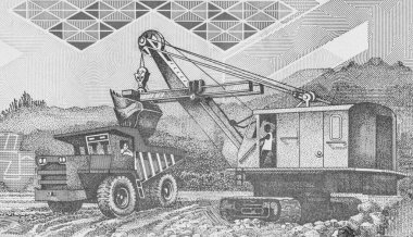 Açık çukur yöntemiyle Bauxite madenciliği imajı verilmiş 1000 gine frangı. Afrika Gine parası. Yakın plan..