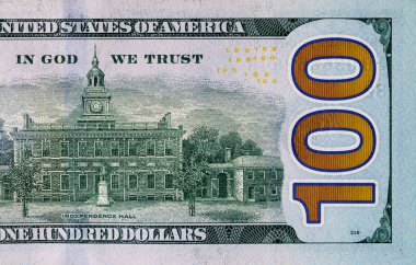 Tasarım amaçlı 100 dolarlık banknotun bir parçası. Amerika Birleşik Devletleri 'nin parası..