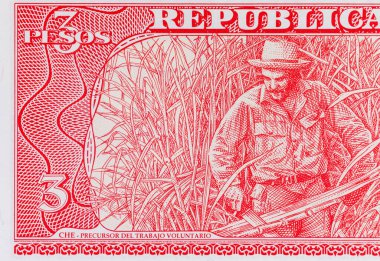 Kübalı 3 peso ve şeker kamışı kesen bir çiftçinin portresi. Antika Küba parası.