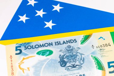 Solomon Adaları 5 Dolar. Polimer banknot parçası 2019 'da çıkarılmış ton balığını gösteriyor. Solomon Adalarının Parası.