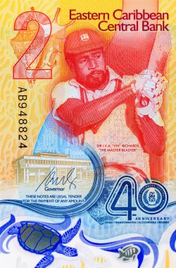 Doğu Karayipler 'e 2 dolar, üzerinde kriket oyuncusu Sir Viv Richards' ın portresi olan hatıra banknotu. Doğu Karayip parası