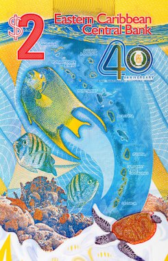 Doğu Karayipler 'e 2 dolar, adaların ve sualtı dünyasının görüntüsüne sahip polimer banknot. Doğu Karayip parası