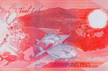 50 Piso Filipinler, Yeni Polymer Note 2025 Taal Gölü ve dev trevally balığı resmi. Filipinlerin Parası