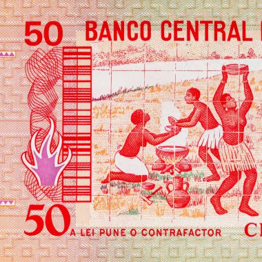 Ulusal kabileleri tasvir eden Gine-Bissau 'nun 50 peso banknotu. Gine-Bissau 'nun kağıt parası..