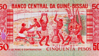 Ulusal kabileleri tasvir eden Gine-Bissau 'nun 50 peso banknotu. Gine-Bissau 'nun kağıt parası..