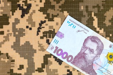 Ukrayna ordusunun piksel kamuflaj üniformalarının arka planında Ukrayna hryvnia 'sı. Ukrayna 'da Savaş.