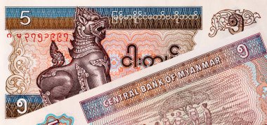 Myanmar 5 kyat banknot, tasarımcılar için parça. Myanmar kağıt para.