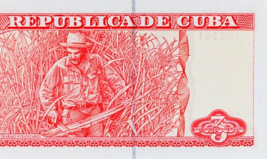 Kübalı 3 peso ve şeker kamışı kesen bir çiftçinin portresi. Antika Küba parası.