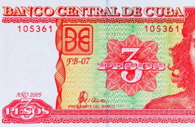 Ernesto Che Guevara 'nın portresiyle Küba' dan 3 peso. Küba 'nın antika parası