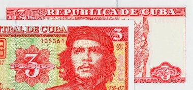 Kübalı 3 peso ve şeker kamışı kesen bir çiftçinin portresi. Antika Küba parası.