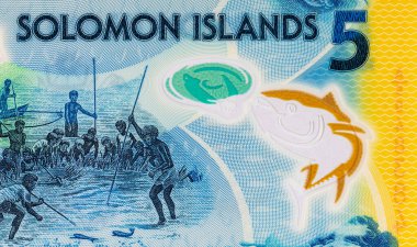 Solomon Adaları 5 Dolar. Polimer banknot, sualtında balık tutan bir adam resmi. Solomon Adalarının Parası.