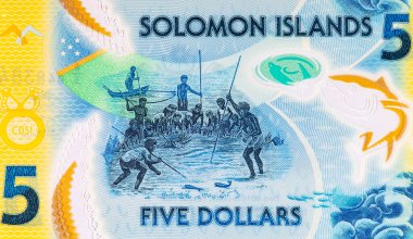 Solomon Adaları 5 Dolar. Polimer banknot, sualtında balık tutan bir adam resmi. Solomon Adalarının Parası.