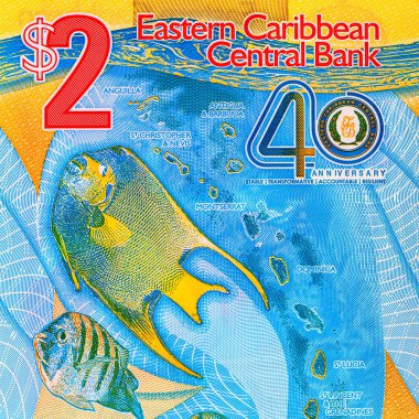 Doğu Karayipler 'e 2 dolar, adaların ve sualtı dünyasının görüntüsüne sahip polimer banknot. Doğu Karayip parası