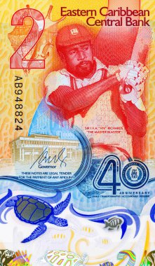 Doğu Karayipler 'e 2 dolar, üzerinde kriket oyuncusu Sir Viv Richards' ın portresi olan hatıra banknotu. Doğu Karayip parası