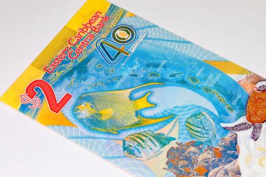 Doğu Karayipler 'e 2 dolar, adaların ve sualtı dünyasının görüntüsüne sahip polimer banknot. Doğu Karayip parası