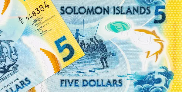 Solomon Adaları 5 Dolar. Polimer banknot, sualtında balık tutan bir adam resmi. Solomon Adalarının Parası.